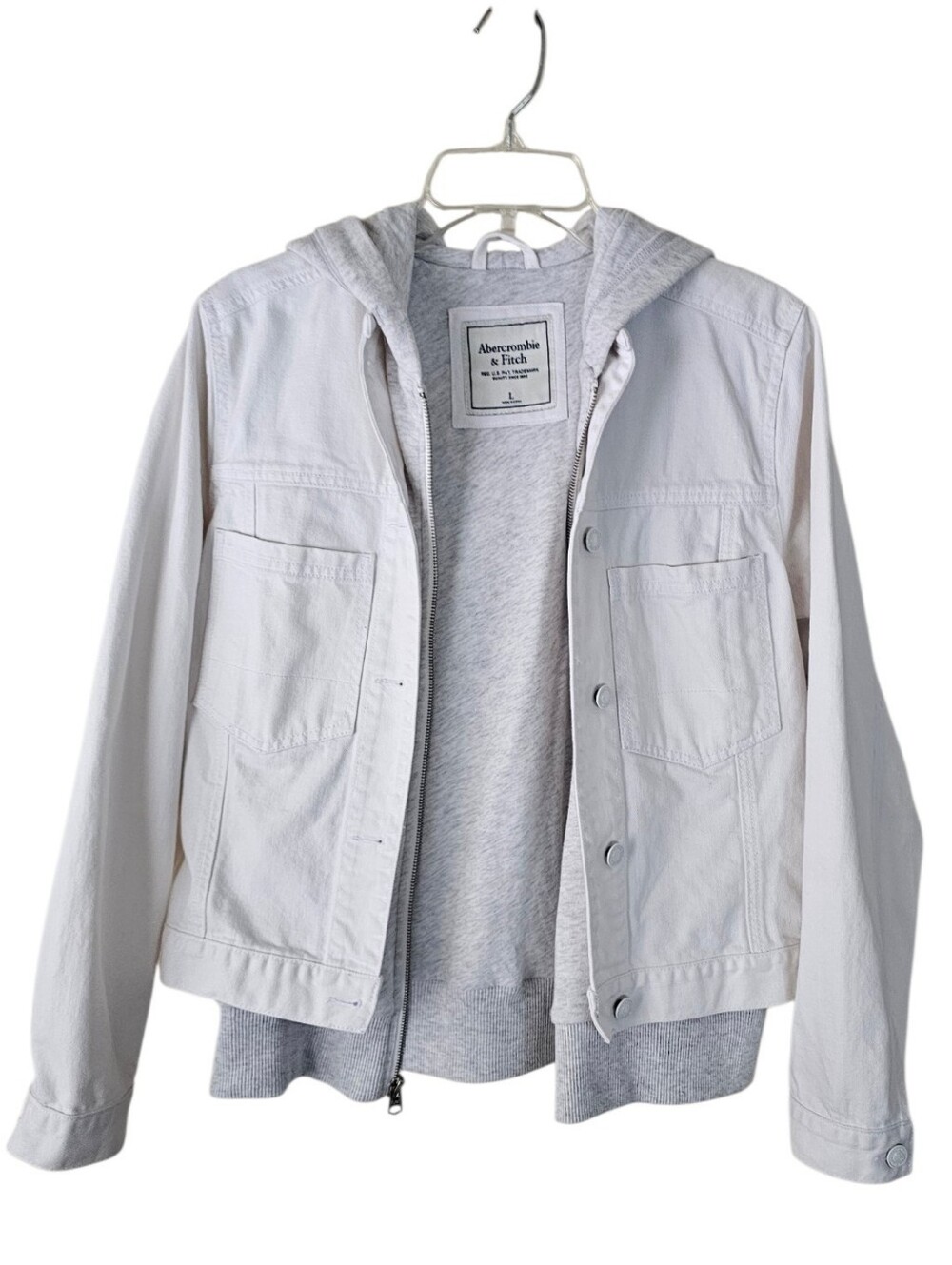 Abercrombie & Fitch White Denim Jacket With Attached Grey Hoodie